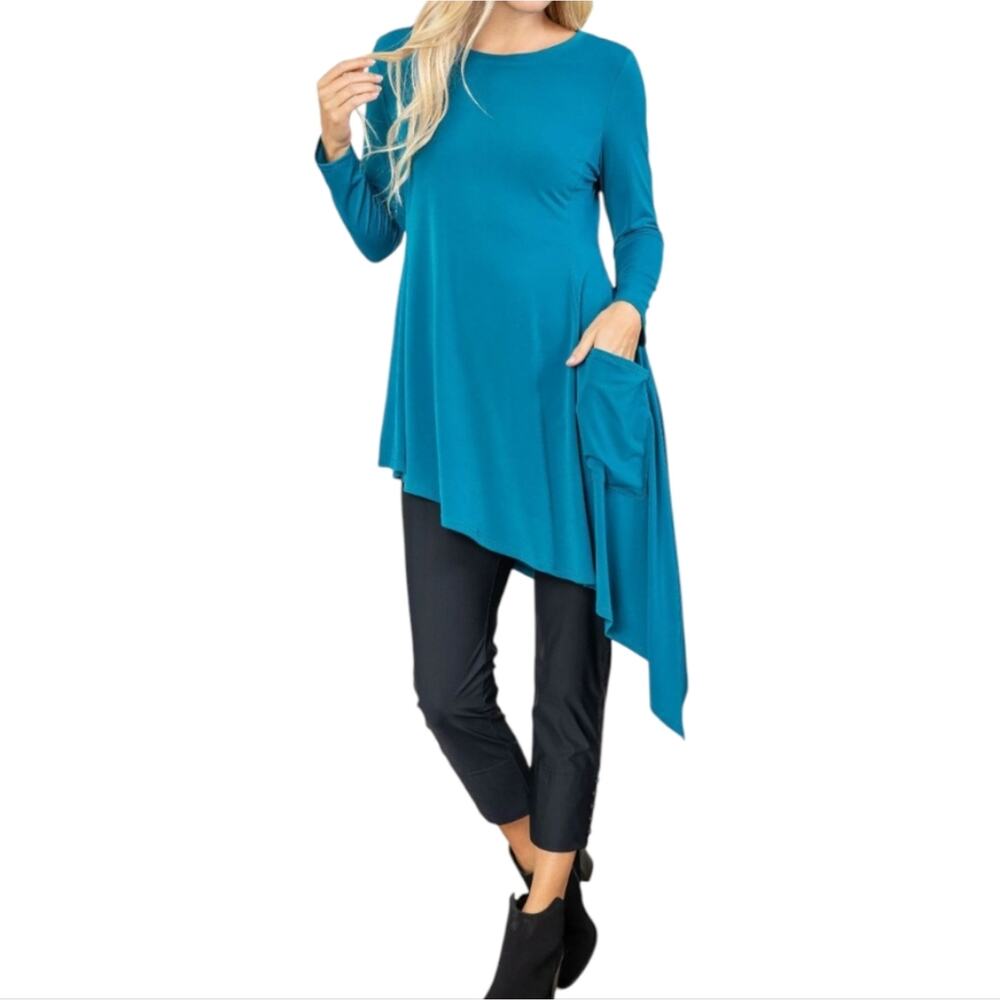 IC By Connie K Soft Knit Side Pocket Teal Asymmetrical Hem Tunic Size XL NEW